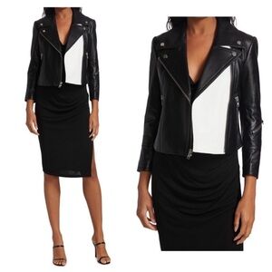 New! YIGAL AZROUEL Paneled Color Block Leather Moto Jacket in Black and White